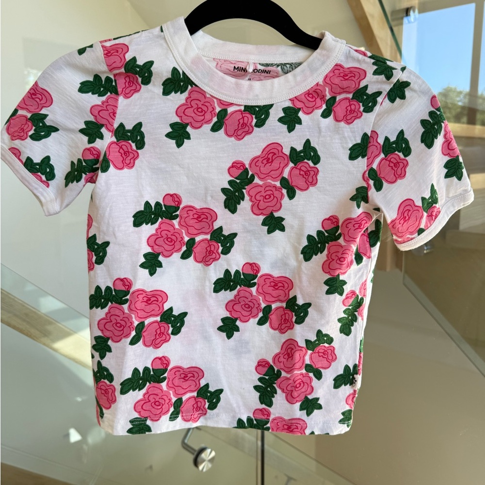 Mini Rodini Kids' Rose Print T-Shirt - Pink & Green 7-9 yrs.